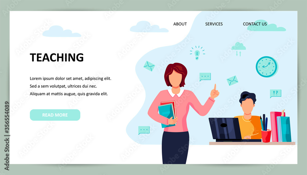 Female teacher and student is studing on computer. Place for text. Flat cartoon style design vector illustration. Female teacher and student is studing on computer. Place for text. Flat cartoon style design vector illustration.