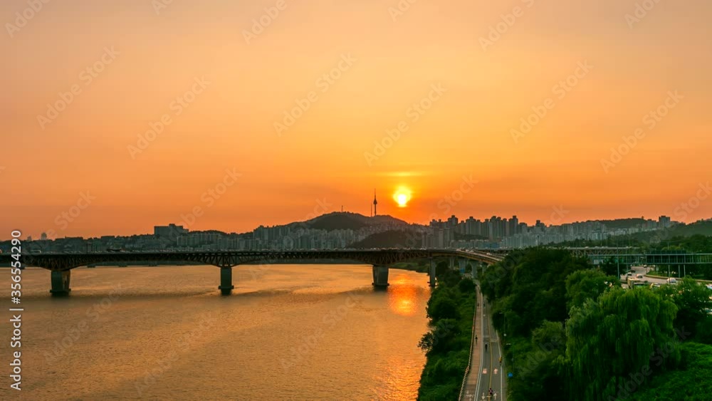 sunset over the bridge and namsan N Seoul Tower in Seoul South Korea sunset over the bridge and namsan N Seoul Tower in Seoul South Korea