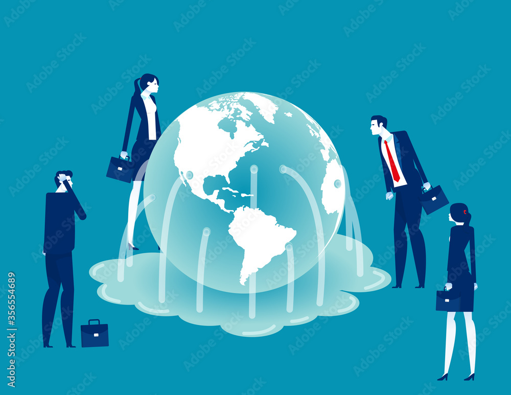 Global business people look at the world leak. Finance and economic crisis Global business people look at the world leak. Finance and economic crisis