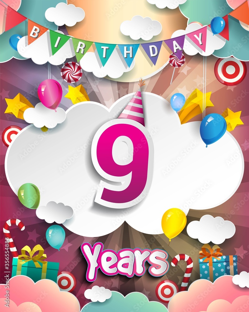9th Birthday Celebration greeting card Design, with clouds and balloons. 9th Birthday Celebration greeting card Design, with clouds and balloons.