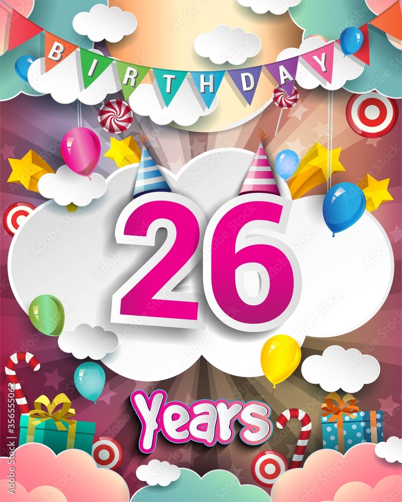 26th Birthday Celebration greeting card Design, with clouds and balloons. 26th Birthday Celebration greeting card Design, with clouds and balloons.