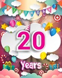20th Birthday Celebration greeting card Design, with clouds and balloons.