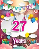 27th Birthday Celebration greeting card Design, with clouds and balloons.