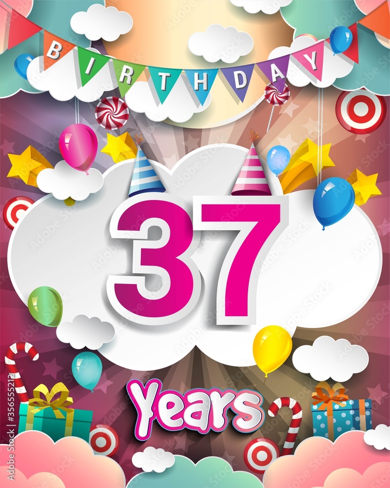 37th Birthday Celebration greeting card Design, with clouds and balloons. 37th Birthday Celebration greeting card Design, with clouds and balloons.