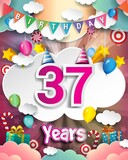 37th Birthday Celebration greeting card Design, with clouds and balloons.