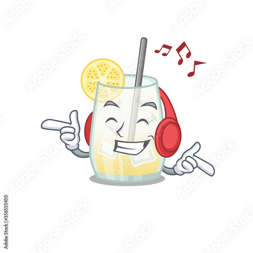 Tom collins cocktail Cartoon design concept listening music on headphone