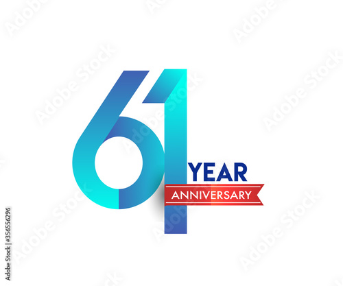 61st Anniversary celebration logotype blue colored with red ribbon, isolated on white background. photo