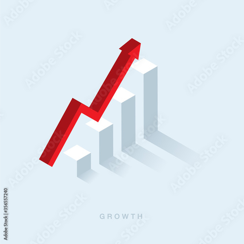 Growth or increase design concept. Graph bar growing up and red arrow moving up. Success achievement or goal business motivation. Infographic elements 3d dimension isometric vector illustration