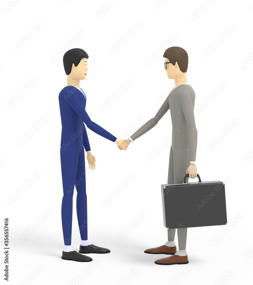 Two young businessmen in suits are greeting each other and shaking hands. White background. 3D illustration Two young businessmen in suits are greeting each other and shaking hands. White background. 3D illustration