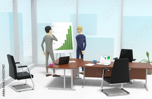 Two businessmen are standing in the office in front of a stand with a chart and conferring. 3D illustration © Alex_Po