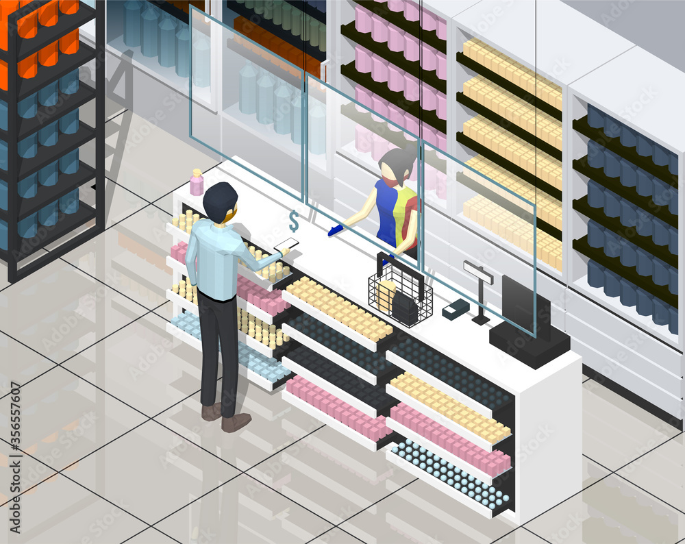 Obraz premium Isometric vector illustration of new normal mini market transaction. Sales girl stand behind protection transparent layer, wearing mask and hand gloves. Customer pay with electronic money. 