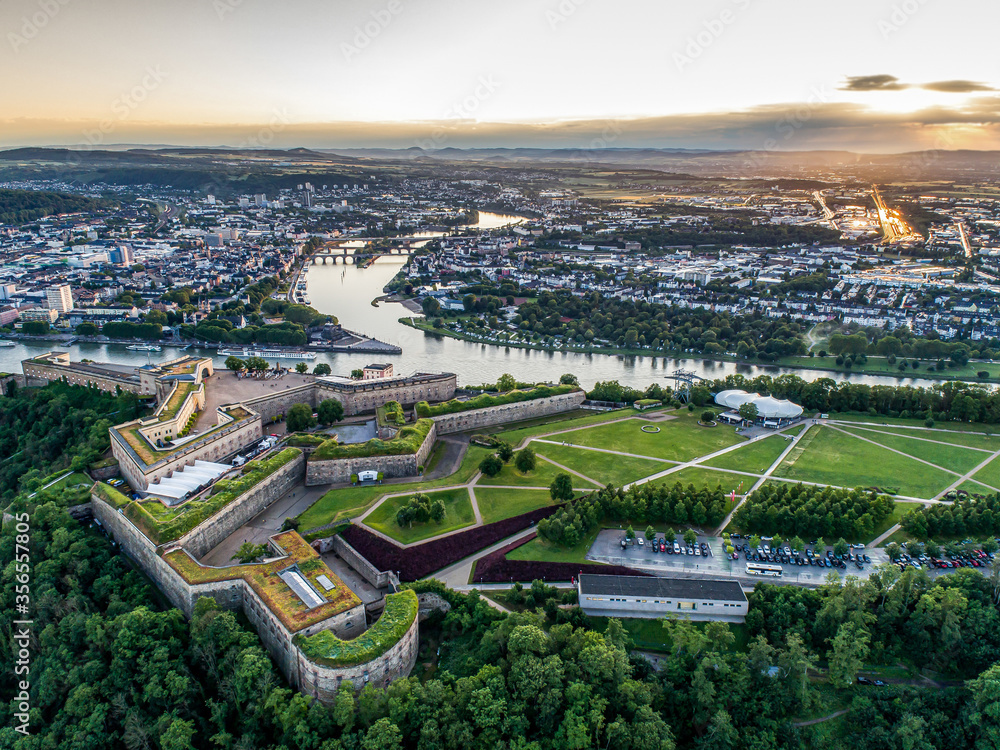 Aerial View of Ehrenbreitstein fortress and Koblenz City in Germany during sunset
