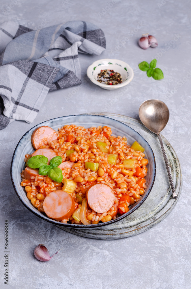 Stewed rice with beans, sausages and vegetables Stewed rice with beans, sausages and vegetables