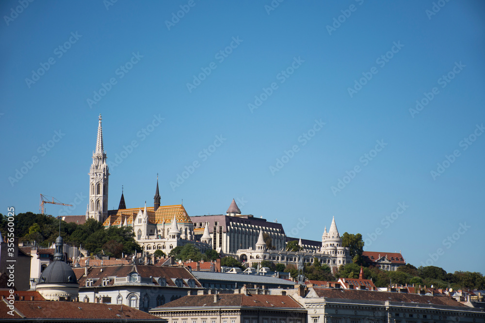 View landscape and cityscape of Budapest old town and Budapest Castle Hill or Buda Castle Royal Palace with Danube Delta river and Budapest Chain Bridge with tour cruises in Budapest, Hungary