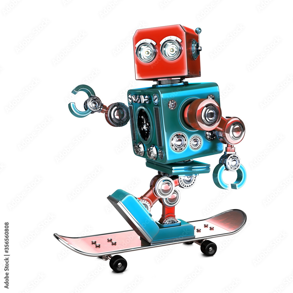 Fotografie Cute 3D Retro Robot riding a skateboard