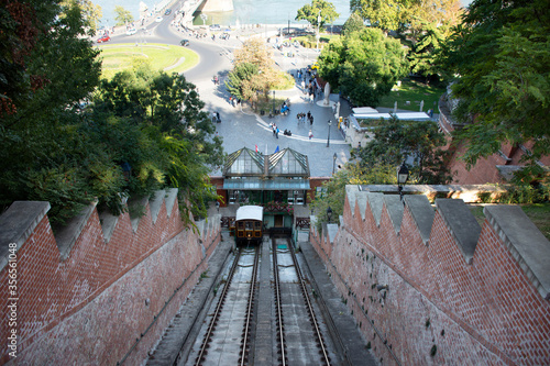 Fototapeta Naklejka Na Ścianę i Meble -  Budapest funicular with Car BS1 Margit for bring Hungarians people and foreign travelers travel visit at Budapest Castle Hill or Buda Castle Royal Palace in Budapest, Hungary