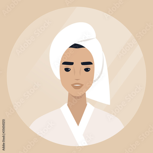 Young male character wearing a towel wrapped at the side of their head, daily body care routine