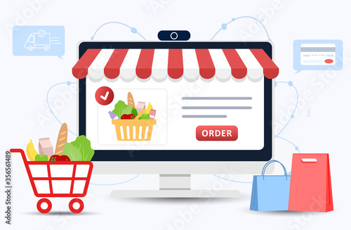 Online food order. Grocery delivery. The product catalog on the web browser page. Shopping boxes. Stay at home. Quarantine or self-isolation. Modern vector illustration in flat style.