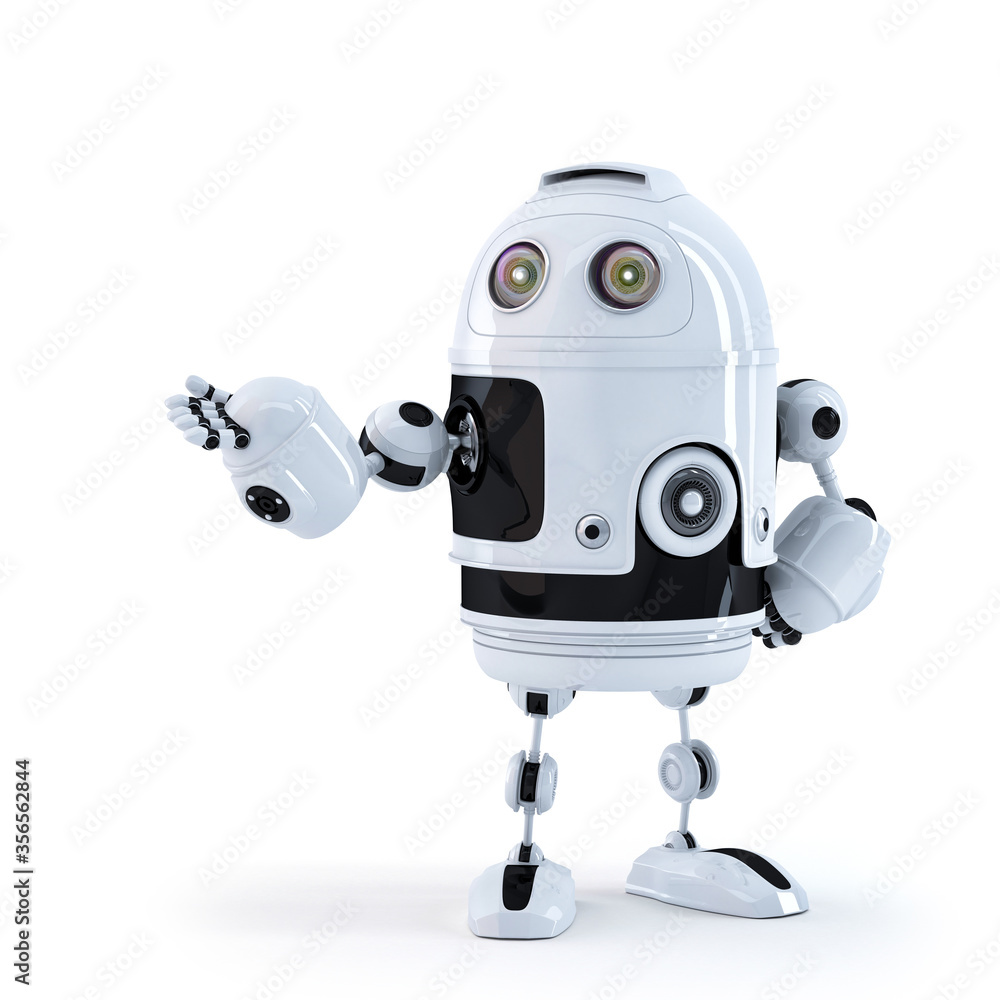 Android robot presenting an invisible object. Android robot presenting an invisible object.