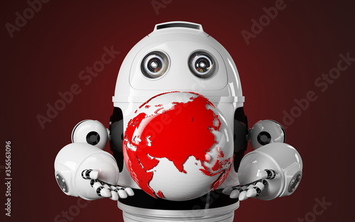 Robot holds red earth globe
