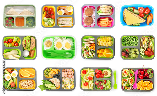 Many lunch boxes with tasty food on white background