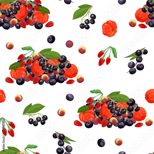 Different tropical berry seamless pattern. Acerola, maqui berry, acai and goji isolated on white background. Vector illustration in cartoon flat style. Food background.