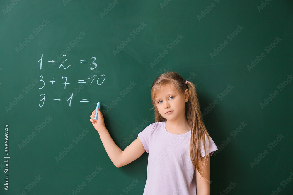 Cute little schoolgirl near blackboard in classroom