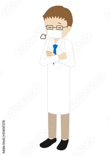 Illustration of a standing male doctor wearing a mask (sighing with arms folded)
