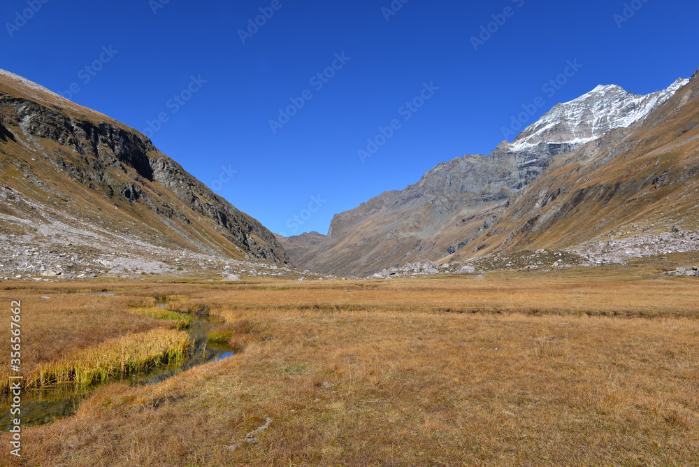 beautiful landscape of a little river crossing alpine mountain in yellow grass under blue sky