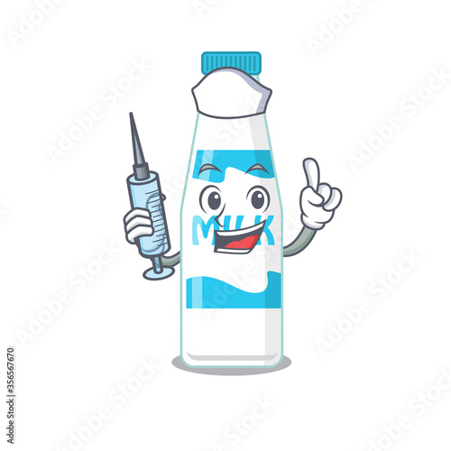 Bottle of milk humble nurse mascot design with a syringe