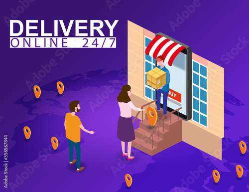 Delivery on Smartphone with online store, courier man delivers box parsel isometry photo