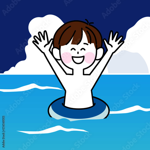 海水浴を楽しむ浮き輪をつけた子ども