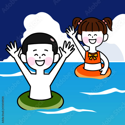 海水浴を楽しむ浮き輪をつけた子ども