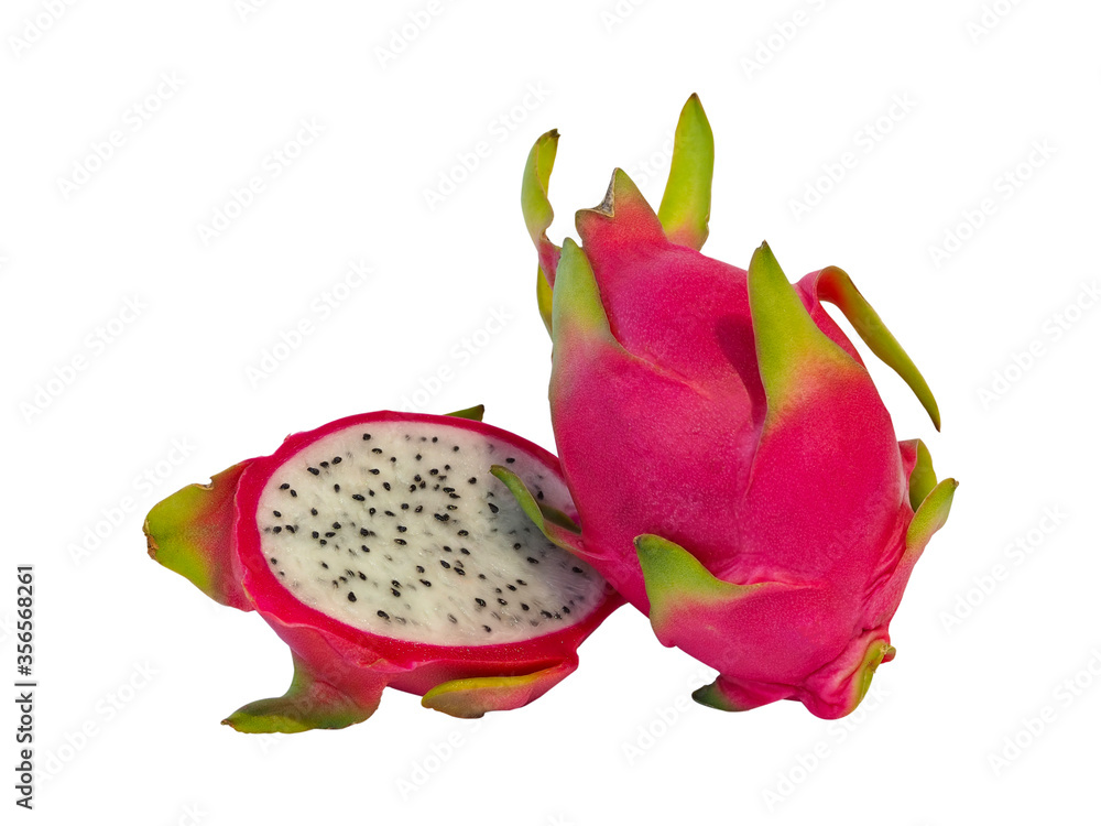 Halved dragon fruit, isolated on a white background with clipping path.Suitable for use with graphics. Halved dragon fruit, isolated on a white background with clipping path.Suitable for use with graphics.