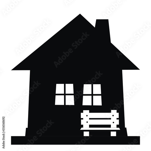 House and bench, black silhouette, vector icon