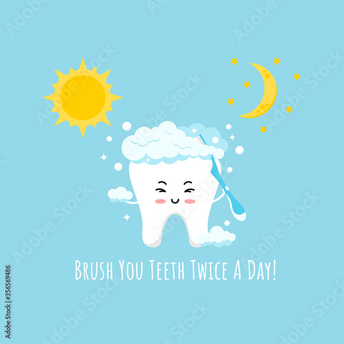 Cute tooth emoji brushing with toothbrush twice a day morning and evening. Flat design cartoon kawaii happy smiling dental character with sun moon vector illustration. Children teeth hygiene concept.