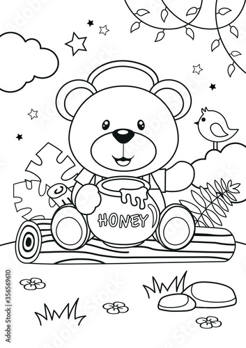 Cute bear with honey bowl in the forest coloring page. Kids coloring book. Worksheet for children.