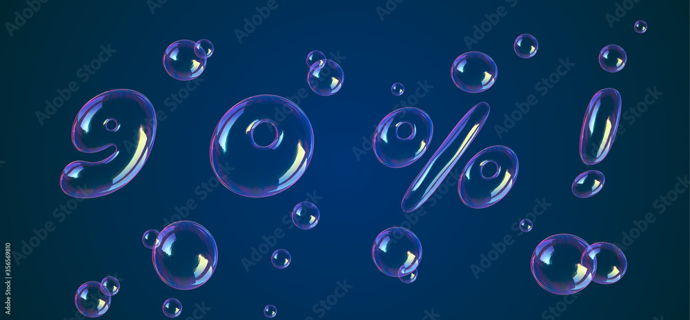 Bubbles font number 9, 0, %, ! in the air or water. Realistic 3D rendering typography for your unique headline, graphic design in several concept idea ; Healthy, Air Borne, Virus, Covid-19, Corona