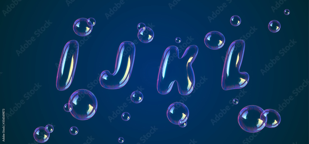 Bubbles font alphabet i, j, k, l in the air or water. Realistic 3D rendering typography for your unique headline, graphic design in several concept idea ; Healthy, Air Borne, Virus, Covid-19, Corona