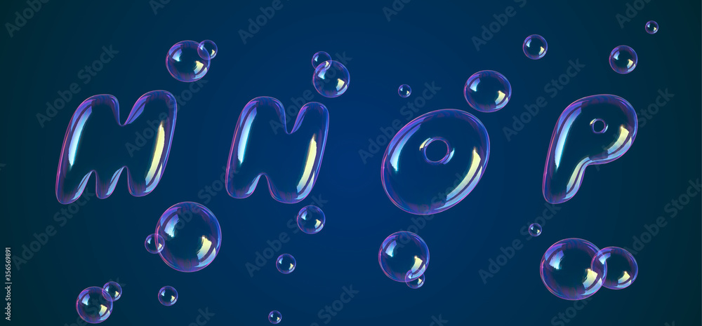 Bubbles font alphabet m, n, o, p in the air or water. Realistic 3D rendering typography for your unique headline, graphic design in several concept idea ; Healthy, Air Borne, Virus, Covid-19, Corona