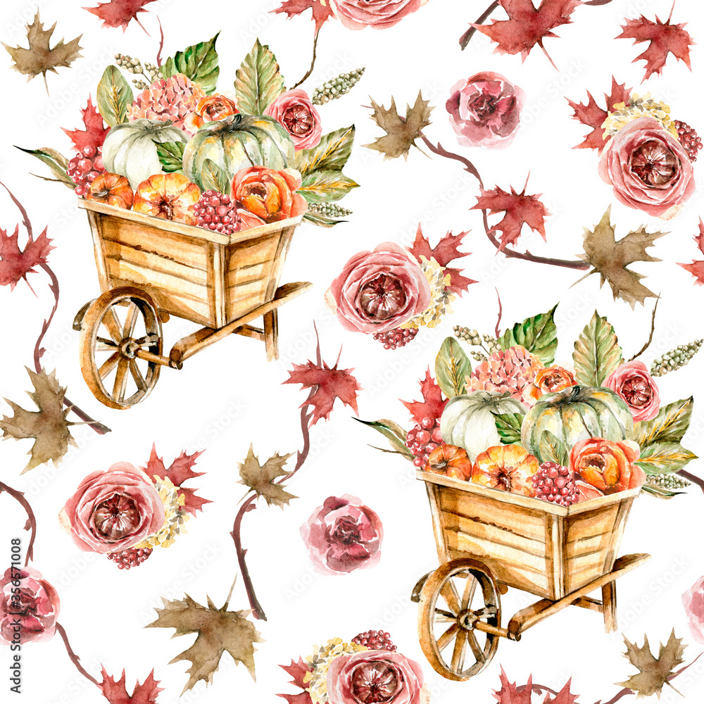Hand painted watercolor autumn pattern of wooden cart with pumpkins, yellow leaves, orange flowers, berries, branches. Pattern perfect for fabric textile, vintage paper,  scrapbooking