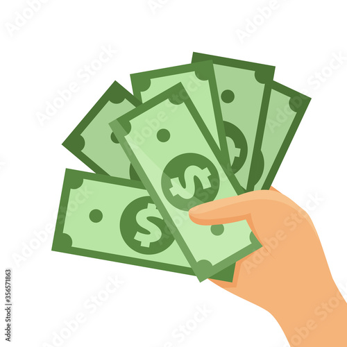 banknotes money and hand isolated on white, banknote money icon, bank note for symbol infographics, money flat illustration, clip art bank notes and hand holding, giving, taking, showing green cash