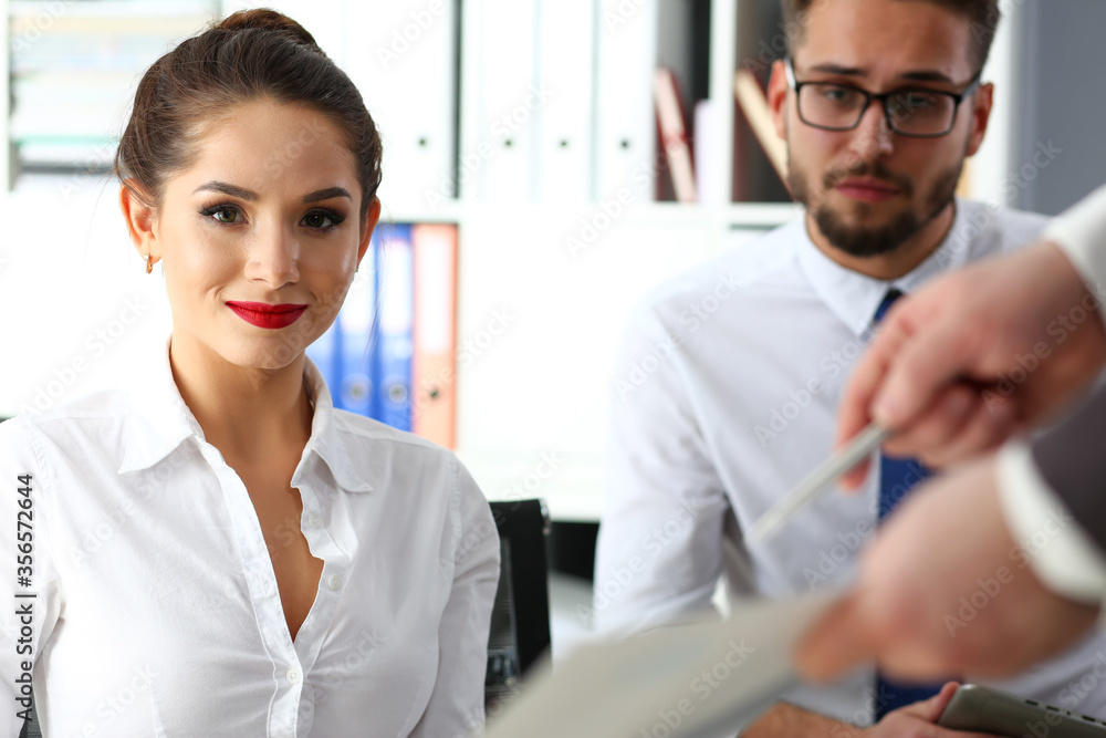 Beautiful smiling brunette clerk girl at workplace look in camera portrait. White collar worker at modern training coach visit boss job offer client profession market idea study Beautiful smiling brunette clerk girl at workplace look in camera portrait. White collar worker at modern training coach visit boss job offer client profession market idea study
