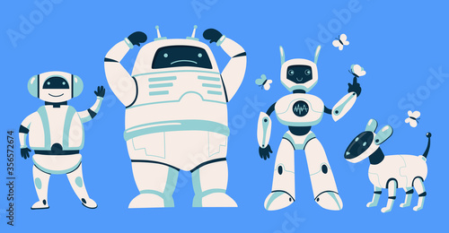 Different robots set. Futuristic humanoid, cyborg, dog isolated on blue background. Flat vector illustration for ai technology, robotics, evolution concept