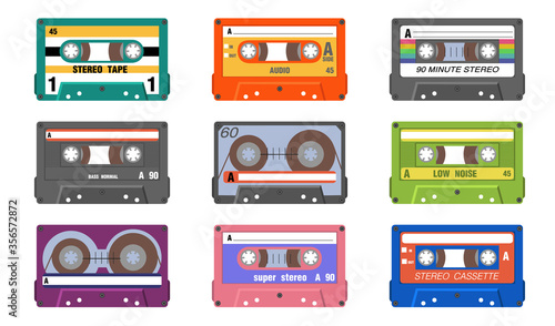 Retro music tapes set. Vintage audio cassettes for stereo sound equipment. Vector illustration for old record technology, taped storage device concept