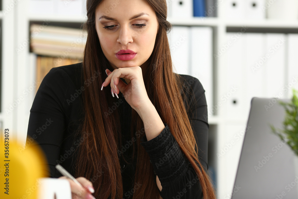 Beautiful smiling girl at workplace hold silver pen looking in camera. White collar worker at workspace modern lifestyle client offer startup project irs audit student study creative discussion Beautiful smiling girl at workplace hold silver pen looking in camera. White collar worker at workspace modern lifestyle client offer startup project irs audit student study creative discussion