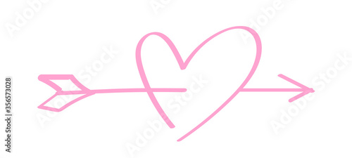 heart shape pink with arrow line isolated on white, heart pierced by an arrow for valentine's day concept, arrow and heart for clip art pink line, arrows hitting a heart shaped target