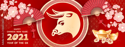 White metal ox is a symbol of the 2021 Chinese New Year. Horizontal banner with realistic gold ingots Yuan Bao, coins, hand fan and sakura flowers on red background. The wish of wealth, monetary luck