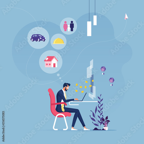 Businessman working hard with many representing to paying
