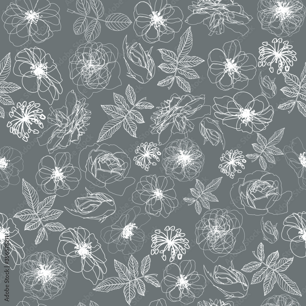 lined design flowers roses vectors wallpaper seamless pattern on gray color background